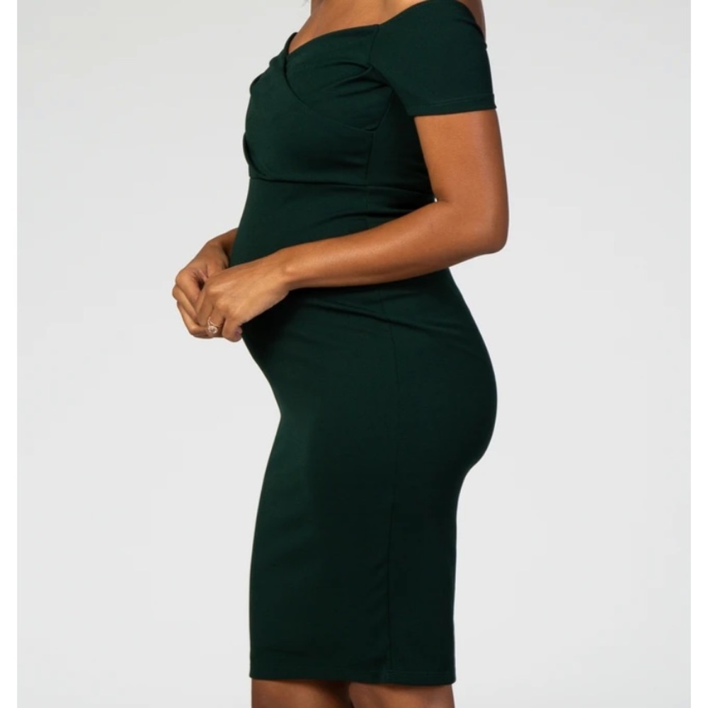 PinkBlush Forest Green Solid Off Shoulder Maternity Fitted Dress